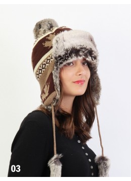 Warm Fur Maple Leaf Knitted Hat W/ Ear Flaps & Fur Tassels /Brown